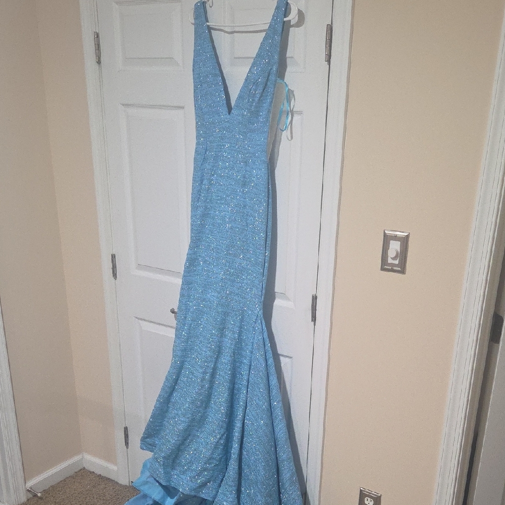 Jovani Sparkling Blue V-Neck Gown